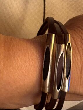 Triple Wrap Brown Leather Adjustable Bracelet with Silver Accents